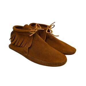 Minnetonka Women’s Size 8 Brown Suede Fringe Moccasin Ankle Boots — Boho Western